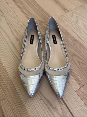 Nine West Metallic Silver Croc-Embossed Pointed Toe Flats with Stud Trim
